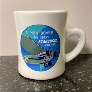 Starbucks White Mug with Blue and Green Airplane Design Barista Collection 2001
